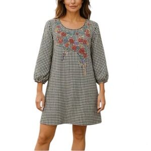 Savanna Jane Black and White Gingham Dress with Floral Embroidery, size L
